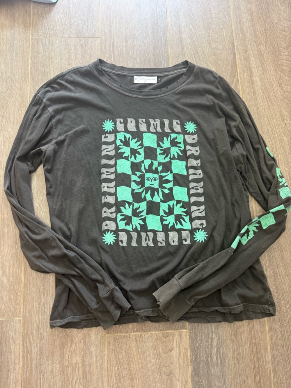 Long Sleeve Graphic Tee - Black with Mint Green Print